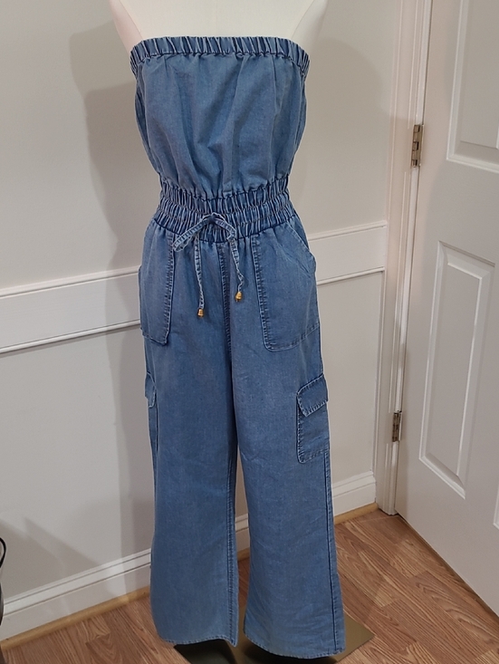 Charlotte Russe Pants - Charlotte Russe Blue Strapless Elastic-Waist Denim Cargo Jeans Jumpsuit - Size M